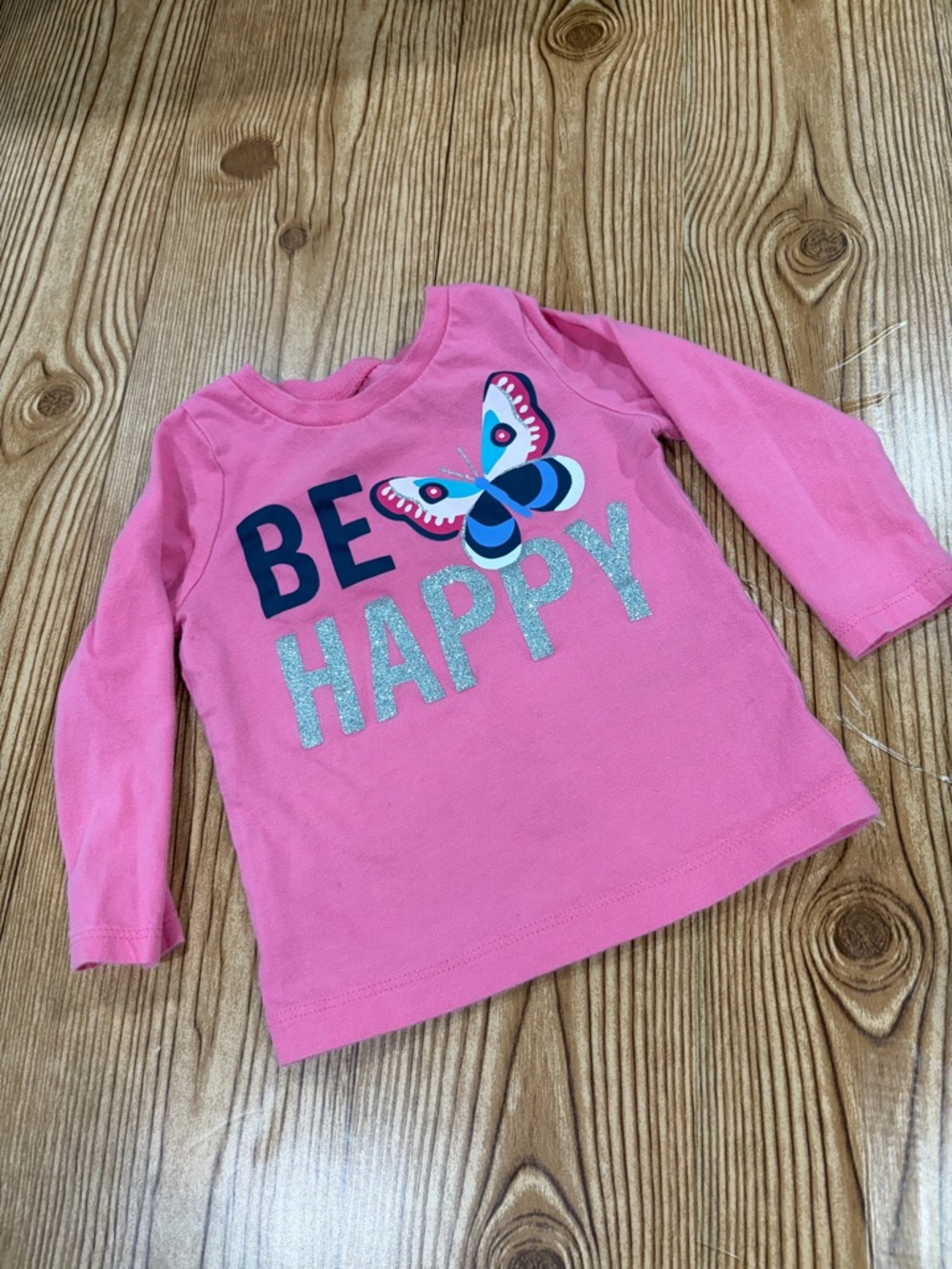 4/$20 Carter’s Pink 'Be Happy' Long-Sleeve Tee with Glitter Text 12 Months